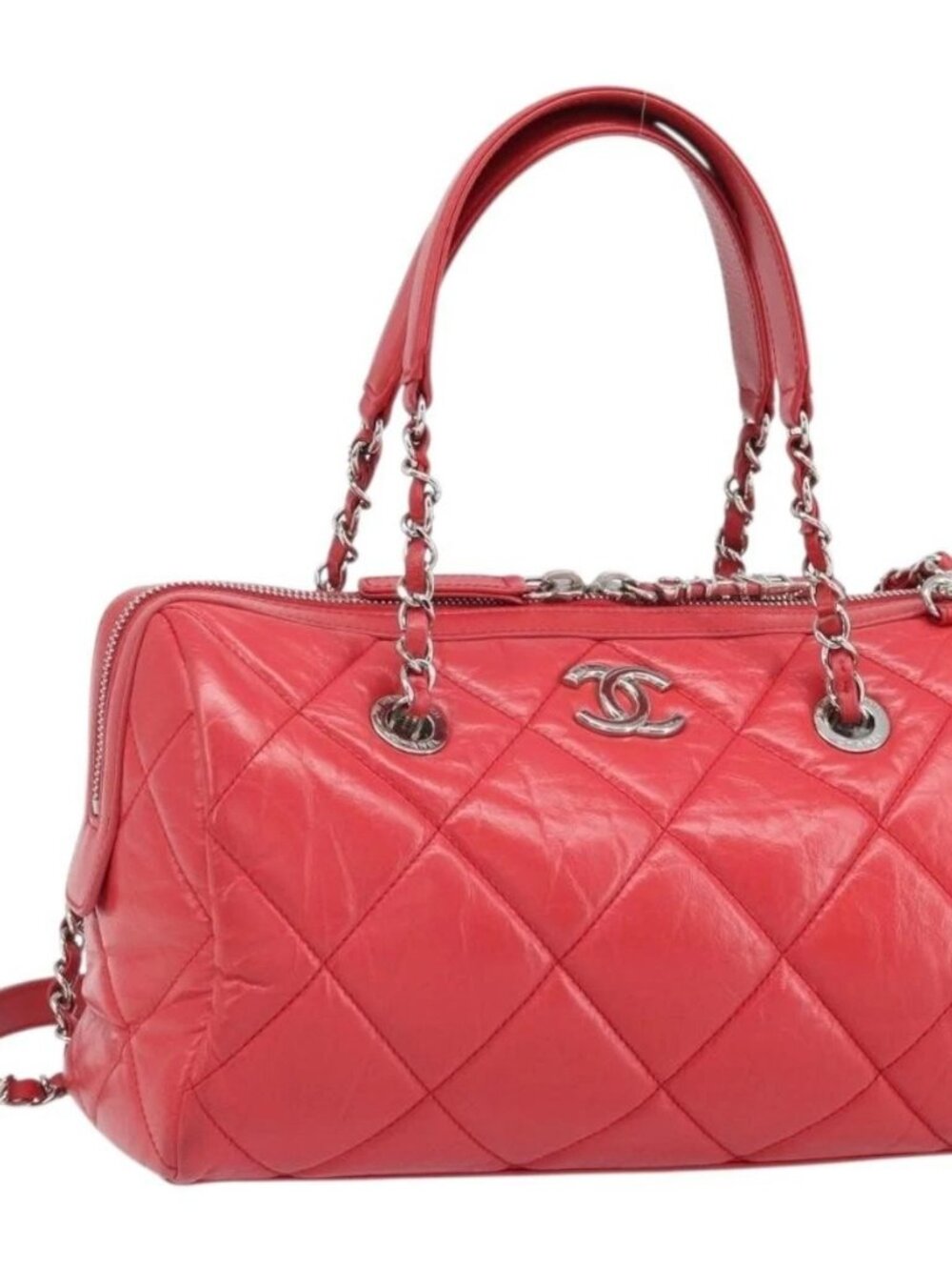 CHANEL Chain Boston Bag Leather 2way Red Silver CC Auth 169810SAM